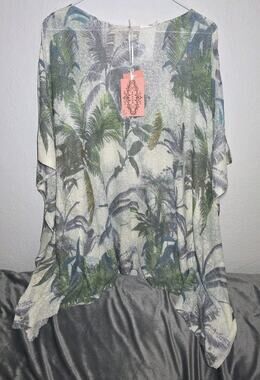 Oliver Tropical Print Poncho Style Women's Top Green Blue White Purple Sz. L NWT